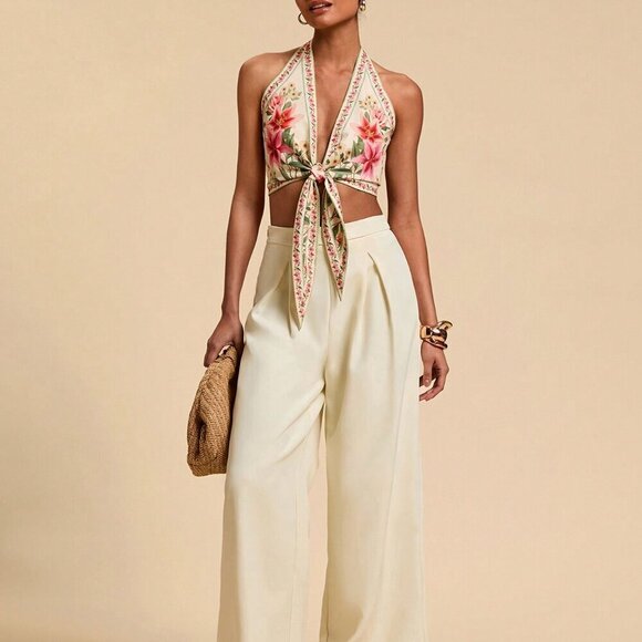 Multicolor Boho Women's Halter Neck Floral Print Blouse - Picture 3 of 7